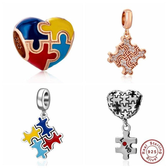 Authentic 925 Sterling Silver Bead Autism Awareness Puzzle Piece Colorful Enamel Pendant Charm fit Pandora Bracelet Jewelry Gift