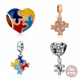 Authentic 925 Sterling Silver Bead Autism Awareness Puzzle Piece Colorful Enamel Pendant Charm fit Pandora Bracelet Jewelry Gift