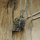 Mexican Large Sugar Skull with Green Eye Pendant Necklace Stainless Steel Punk Biker Male Jewelry with 24 inch