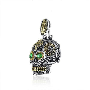 Mexican Large Sugar Skull with Green Eye Pendant Necklace Stainless Steel Punk Biker Male Jewelry with 24 inch