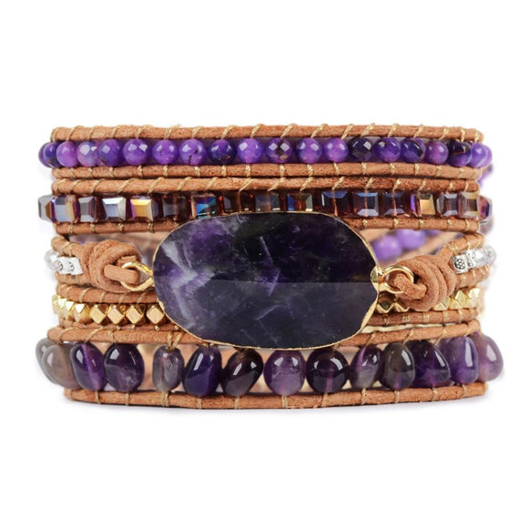 Genuine Amethysts Leather 5 Strands Wrap Bracelet Healing Stone Handmade Bracelets Women Natural Stone Beaded Leather Bracelet