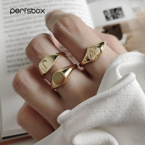 Peri'sBox 925 Sterling Silver Carving Initial Ring Gold Geometric Glossy Rings for Women Love Heart Minimalist Ring Adjustable