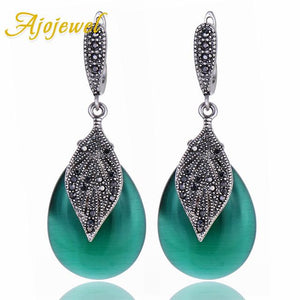 Classic Vintage Green Leaf Earrings Anniversary Party Jewelry For Women With Black Rhinestone