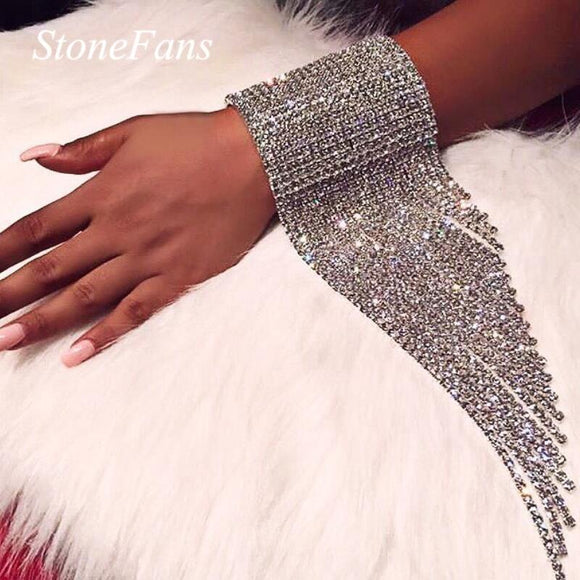 Stonefans Fashion Long Tassel Rhinestone Bracelet Hand Jewelry for Women Bridal Crystal Statement Bracelets Wedding Jewellery