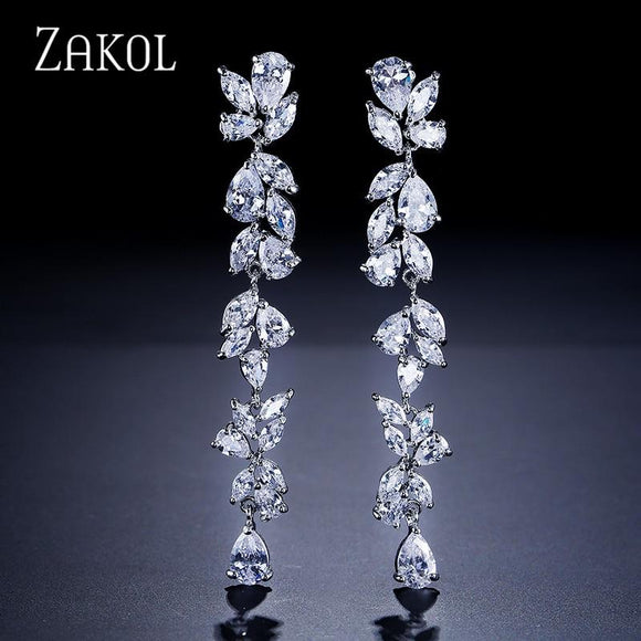 ZAKOL Luxury AAA Cubic Zirconia Gorgeous Flower Long Dangle Drop Earrings for Women Bridal Wedding Gift FSEP385