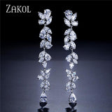 ZAKOL Luxury AAA Cubic Zirconia Gorgeous Flower Long Dangle Drop Earrings for Women Bridal Wedding Gift FSEP385