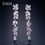 ZAKOL Luxury AAA Cubic Zirconia Gorgeous Flower Long Dangle Drop Earrings for Women Bridal Wedding Gift FSEP385