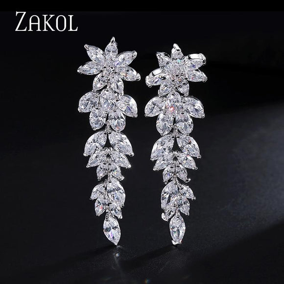 ZAKOL Luxury Gorgeous Marquise Cluster Flower Shape Cubic Zirconia Long Dangle Drop Earrings for Brides Wedding Jewelry FSEP005