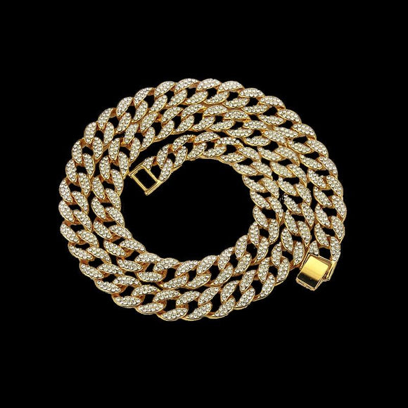 Sale Bling Rhinestone Golden Finish Miami Cuban Link Chain Necklace Men's Hip hop Necklace Jewelry 16,18, 20,24 ,30 Inch