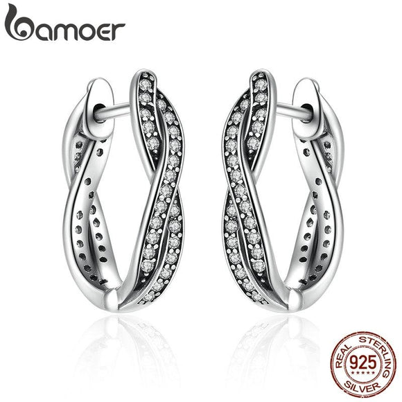 BAMOER Authentic 925 Sterling Silver Twist Of Fate Stud Earrings Clear CZ for Women Wedding Trendy Jewelry PAS465