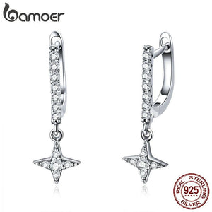 BAMOER 925 Sterling Silver Twinkling Star Geometric Drop Earrings for Women Luminous CZ Fashion Earrings Jewelry SCE446