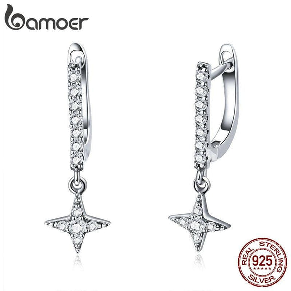 BAMOER 925 Sterling Silver Twinkling Star Geometric Drop Earrings for Women Luminous CZ Fashion Earrings Jewelry SCE446