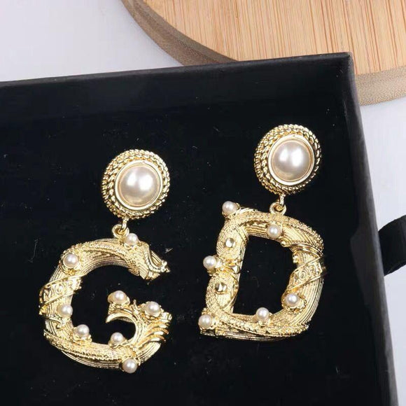 Exquisite embossed lettering design retro pearl 925 silver stud earrings for women