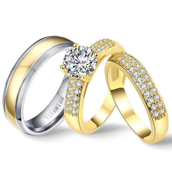 Pure Titanium Wedding Rings Couple Luxury Gold Cubic Zirconia Bridal Ring Set for Girl Wedding Bands Engagement Godly Jewels