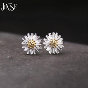 JINSE S925 Pure Silver Earrings Fashion Daisy Flower Stud Earrings For Women Gift Hypoallergenic Jewelry 8mm