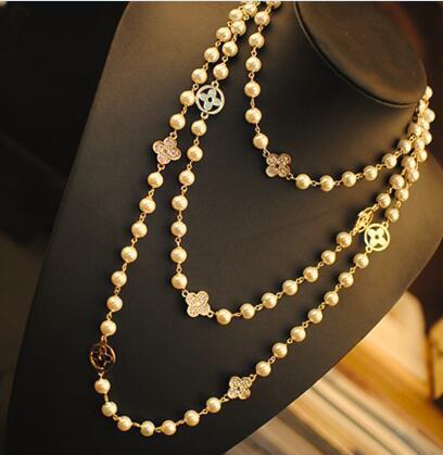 Korean ladies big design long women's necklace fashion multilayer flower pearl luxury classic female sweater chain accessories