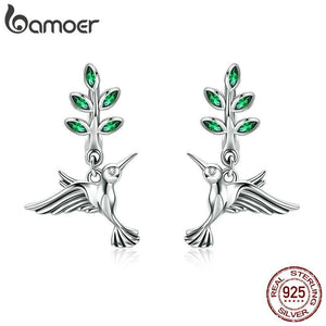 BAMOER 100% Genuine 925 Sterling Silver Hummingbirds Greetings Bird Stud Earrings for Women Fashion Earrings Jewelry SCE464