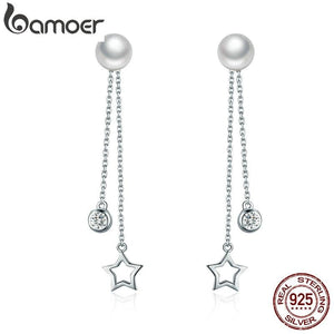 BAMOER 100% 925 Sterling Silver Twinkle Star Imitation Pearl Long Drop Earrings for Women Clear CZ Luxury Jewelry Brincos SCE069