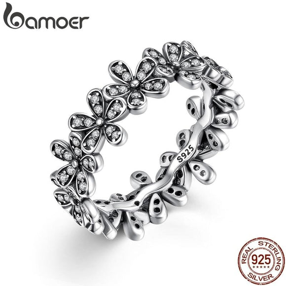 BAMOER 925 Sterling Silver Flowers Finger Rings Dazzling Daisy Meadow Stackable Ring, Clear CZ For Women Wedding Jewelry SCR397