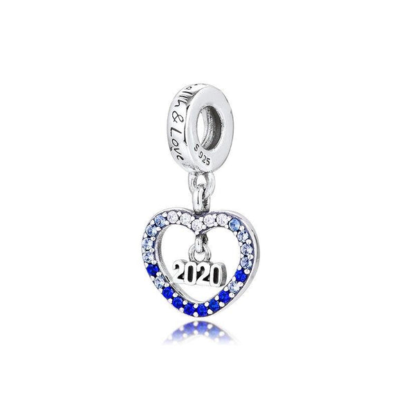 2020 New Year Dangle Mixed Blue CZ Heart Charms for Chain Bracelets Women 925 Sterling Silver Jewelry Floating Pendant DIY