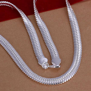 Fashion silver plated 10MM Flat Snake Necklace Chain For Men Charm 20" 50cm Long Necklace Jewelry joyas de plata 925 masculina