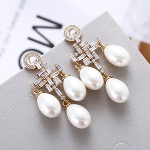 XIUMEIYIZU Clasical Pearl Drop Earring Elegant Shinning Pearl Pendant Paved Cubic Zirconia Earrings for Women Wedding Banquet