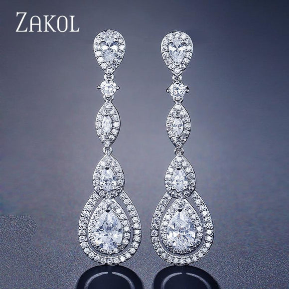 ZAKOL Luxury Water Drop Pear Cubic Zircon Long Dangles Elegant Earrings for Women Bridal Wedding Jewelry Dress FSEP2114