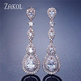 ZAKOL Luxury Water Drop Pear Cubic Zircon Long Dangles Elegant Earrings for Women Bridal Wedding Jewelry Dress FSEP2114