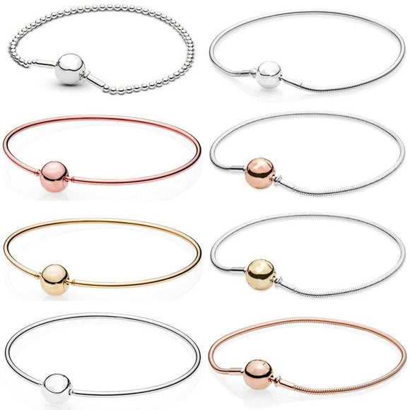 Rose Gold Ball Clasp ESSENCE COLLECTION Beaded Bracelet Bangle Fit Europe Snake Chain Bracelet 925 Sterling Silver Bead Charm