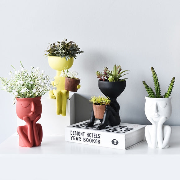 Character Portrait Flower Pot Desktop Vase Resin Succulents Plant Pot Abstract Human Face Flower Pot Home Micro Landscape Decor