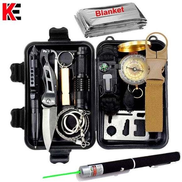 Survival kit set military outdoor travel mini camping tools aid kit emergency multifunct survive Wristband whistle blanket knife