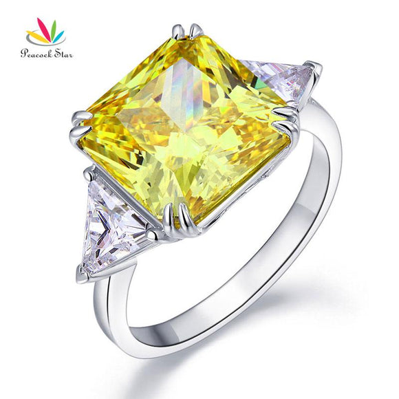 Peacock Star Solid 925 Sterling Silver Three-Stone Luxury Ring 8 Carat Yellow Canary Created Diamante CFR8157