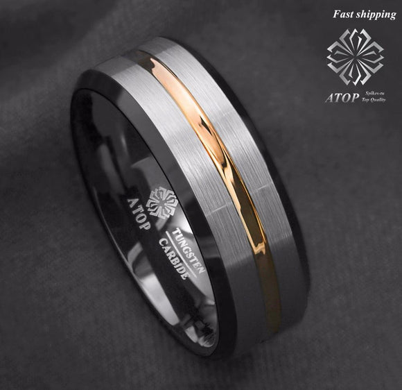 ATOP 8Mm Men's wedding band Silver brushed Black edge Tungsten ring Gold inlay Free Shipping