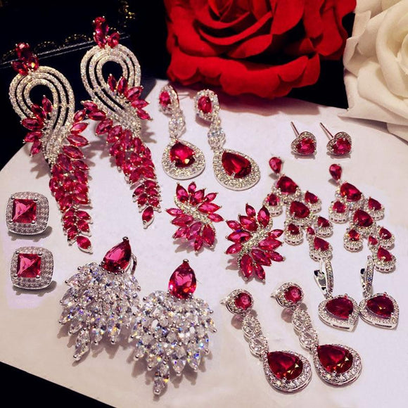 Luxury Rose Red stone Long Drop Earrings Water Drop and Flower Shape Hot pink Cubic Zirconia women Party Wedding Jewelry Gift