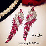 Luxury Rose Red stone Long Drop Earrings Water Drop and Flower Shape Hot pink Cubic Zirconia women Party Wedding Jewelry Gift