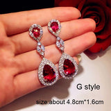 Luxury Rose Red stone Long Drop Earrings Water Drop and Flower Shape Hot pink Cubic Zirconia women Party Wedding Jewelry Gift