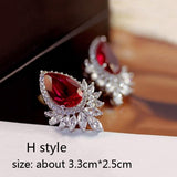 Luxury Rose Red stone Long Drop Earrings Water Drop and Flower Shape Hot pink Cubic Zirconia women Party Wedding Jewelry Gift