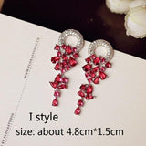 Luxury Rose Red stone Long Drop Earrings Water Drop and Flower Shape Hot pink Cubic Zirconia women Party Wedding Jewelry Gift