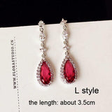 Luxury Rose Red stone Long Drop Earrings Water Drop and Flower Shape Hot pink Cubic Zirconia women Party Wedding Jewelry Gift