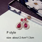 Luxury Rose Red stone Long Drop Earrings Water Drop and Flower Shape Hot pink Cubic Zirconia women Party Wedding Jewelry Gift