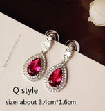 Luxury Rose Red stone Long Drop Earrings Water Drop and Flower Shape Hot pink Cubic Zirconia women Party Wedding Jewelry Gift