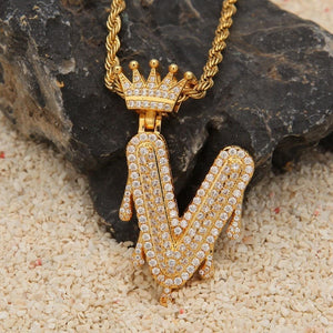 Custom Crown Bail Drip Bubble Initial Letters Chain Necklaces & Pendant For Men Women Gold Color Cubic Zircon Hip Hop Jewelry