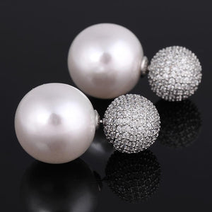 XIUMEIYIZU Luxury 15mm Simulated Pearl Bubble Earring Full Prong Silver Cubic Zirconia Reversible Double Ball Stud Earrings