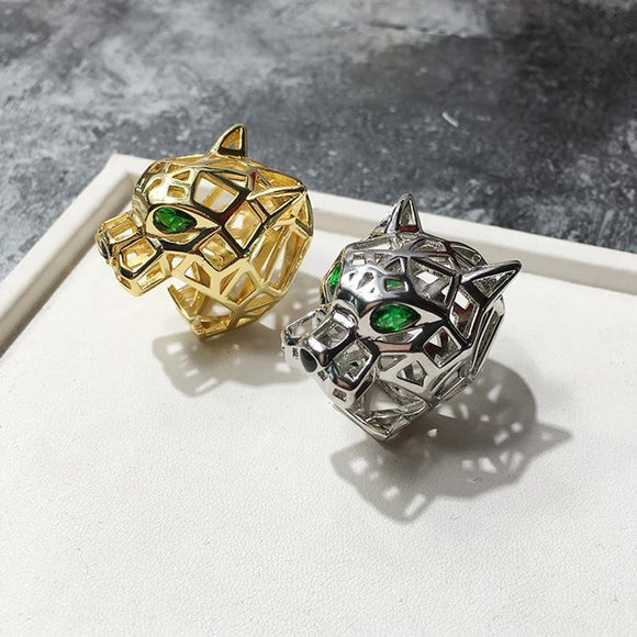 Top Quality Hollow Green Eye Leopard Ring Gold Color Micro Mosaic Crystal Stone Bohemia Bossy Ring For Men Women Luxury Jewelry