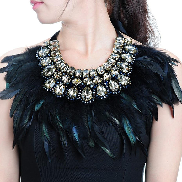 JEROLLIN Luxury Fashion Jewelry Big Hot sale Feather Shiny Crystal Pendant Statement Bib Collar Choker Charm Necklace For Women