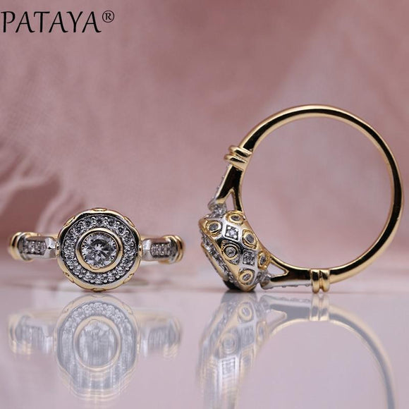 PATAYA New 585 Rose Gold Lovely Carved Natural Zircon Rings Women Fashion Jewelry Wedding Fine Craft Hollow Round White Ring